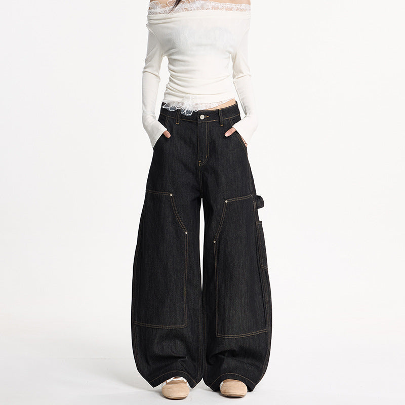 Damen Extraweite Denim-Palazzohose im Cargostil mit tiefem Schritt, Kontrastnähten und Utility‑Details Echo Archiv