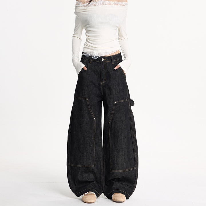 Damen Extraweite Denim-Palazzohose im Cargostil mit tiefem Schritt, Kontrastnähten und Utility‑Details Echo Archiv