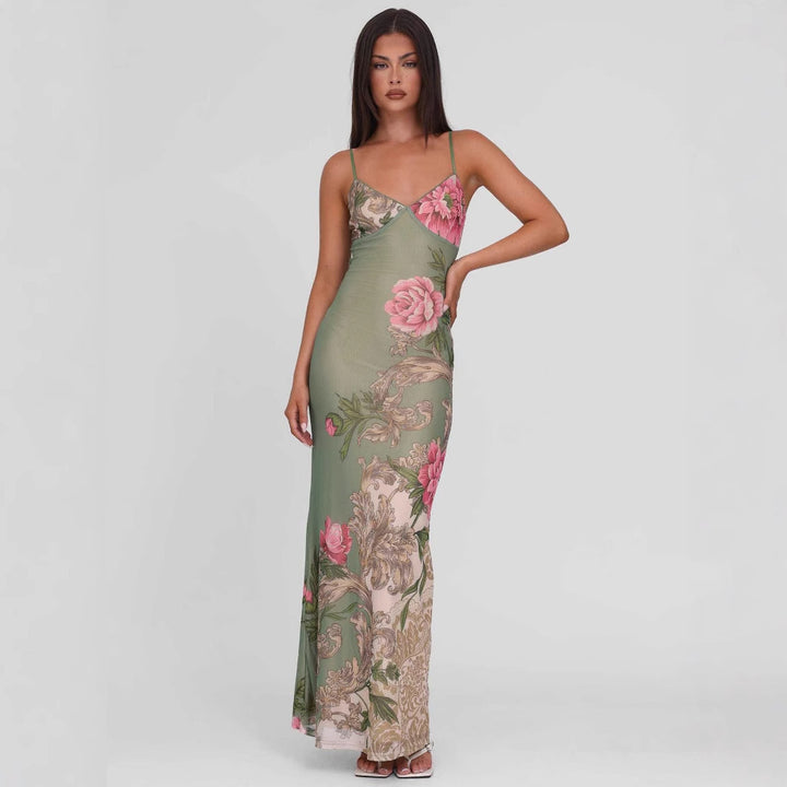 Damen nan eng anliegendes Jersey-Slipkleid mit V-Ausschnitt, Spaghettiträgern und Blumen-Leo-Print Echo Archiv