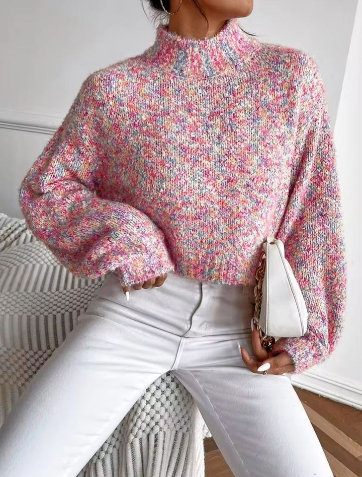 Damen Kurzgeschnittener Oversize-Pullover mit Stehkragen, mehrfarbigem Bouclé-Muster und Ballonärmeln – Mavelle