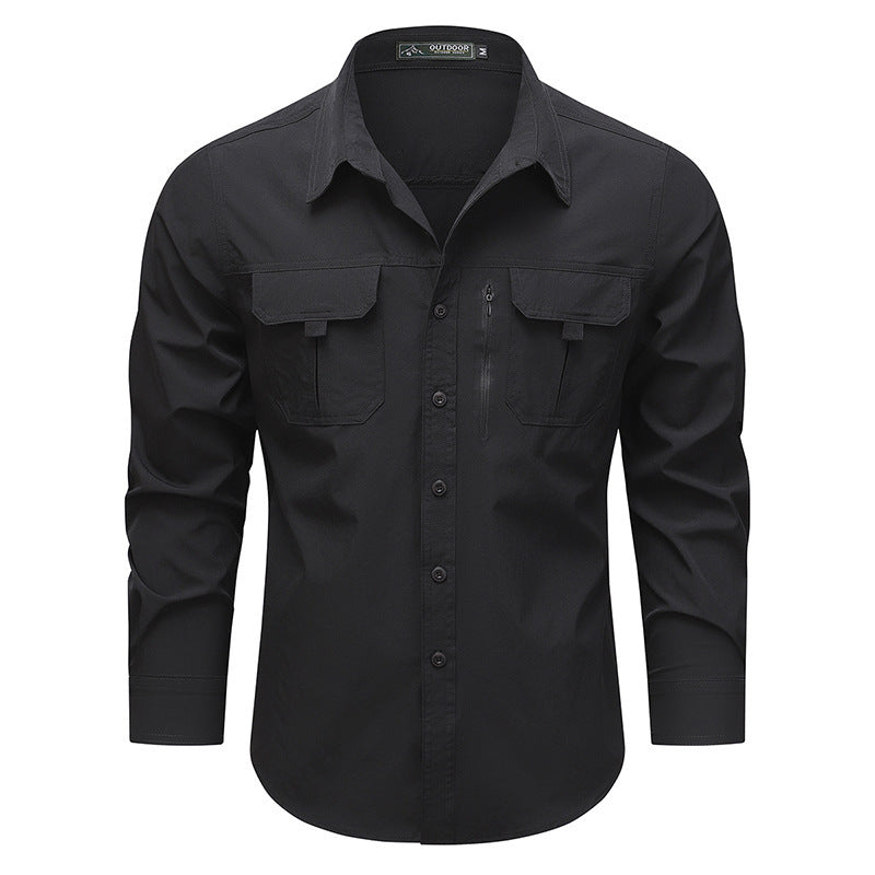 Men's technical long-sleeve utility shirt with dual flap chest pockets and concealed zip utility pocket – Arvello