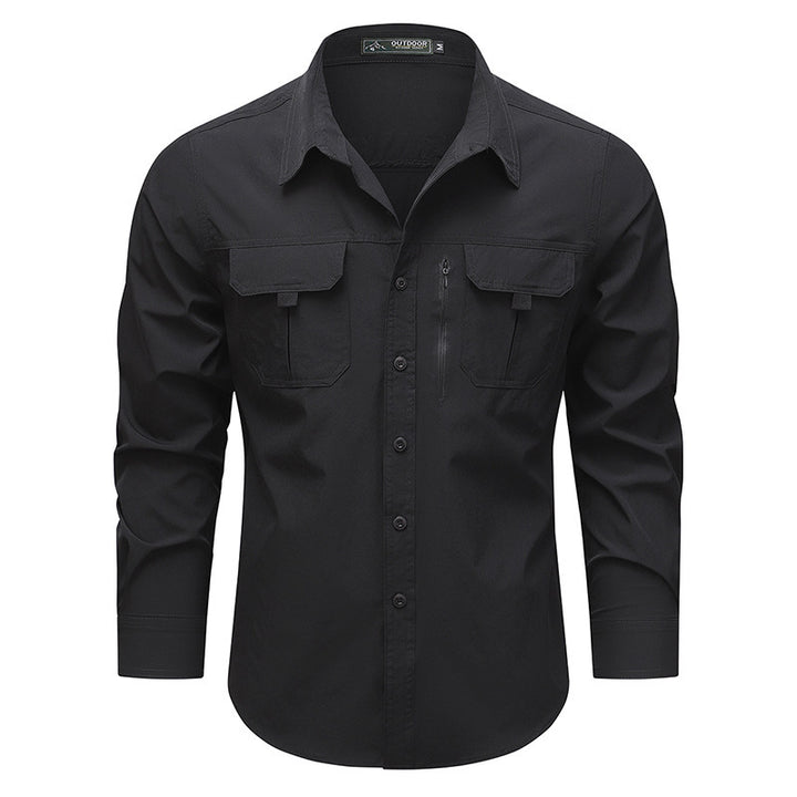 Men's technical long-sleeve utility shirt with dual flap chest pockets and concealed zip utility pocket – Arvello