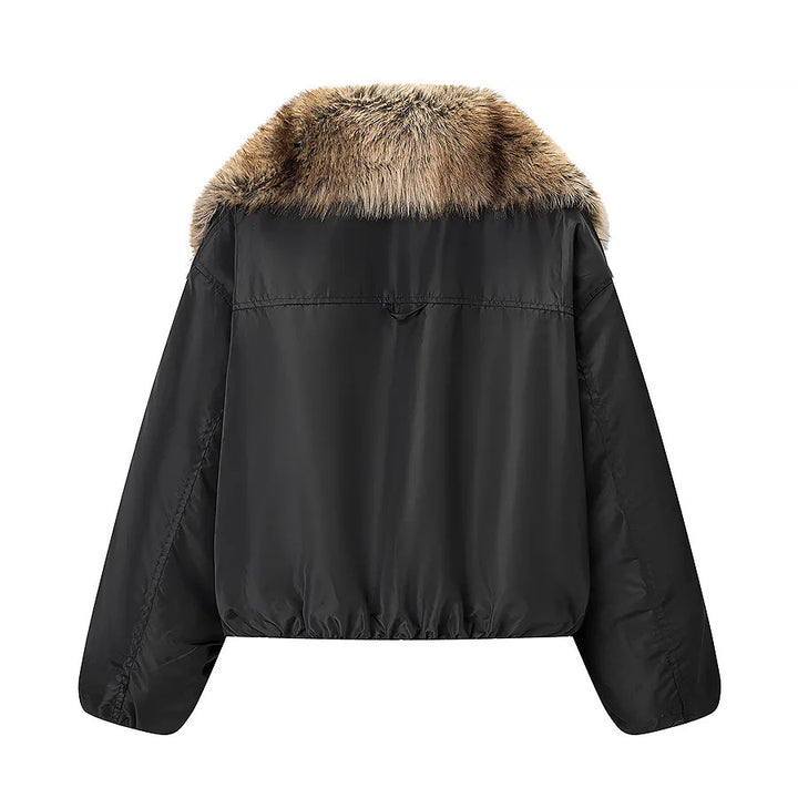 Damen cropped Kunstfell-Bomberjacke mit voluminösem Schalkragen und elastischem Saum – Avenza