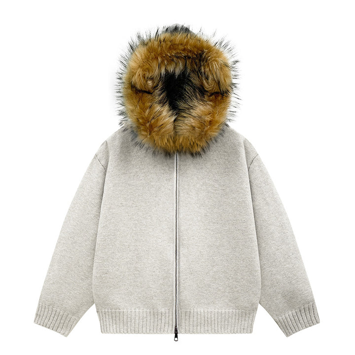 Damen Strick-Bomberjacke mit Kapuze und abnehmbarem Kunstfellbesatz Echoarchiv