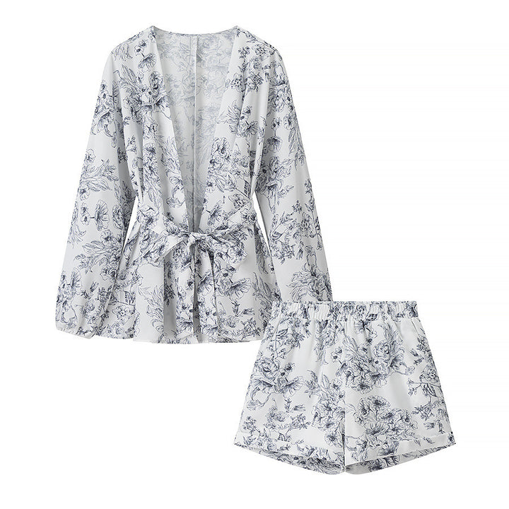 Damen nan Kimono-Shorty-Set aus leichtem Viskosemix mit Bindegürtel und elastischer Taille Echo Archiv