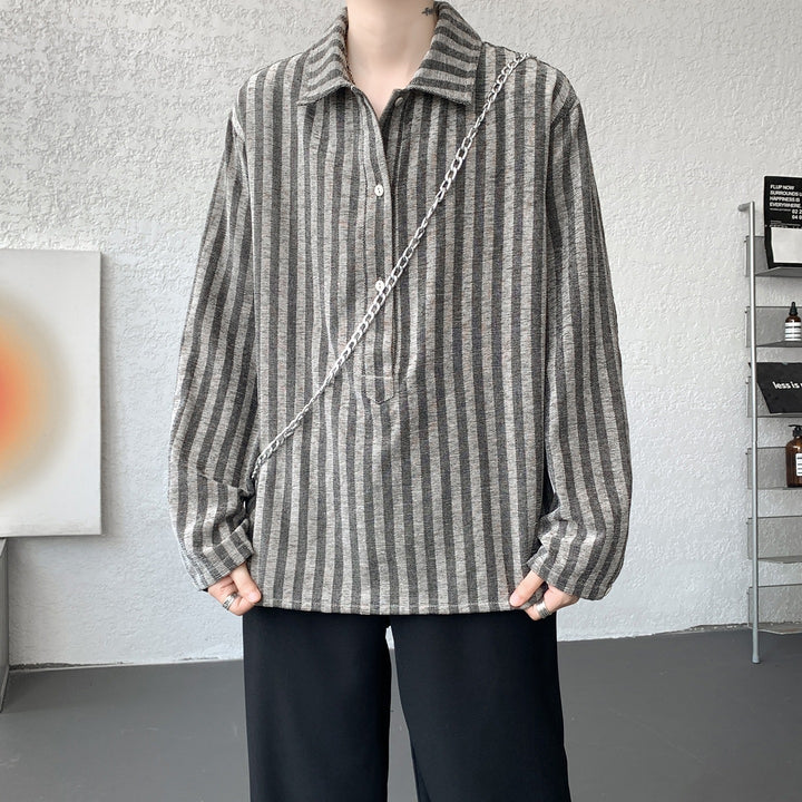 Herren Oversize Langarm-Hemd mit Polokragen, gestreifter Struktur & halber Knopfleiste Echoarchiv