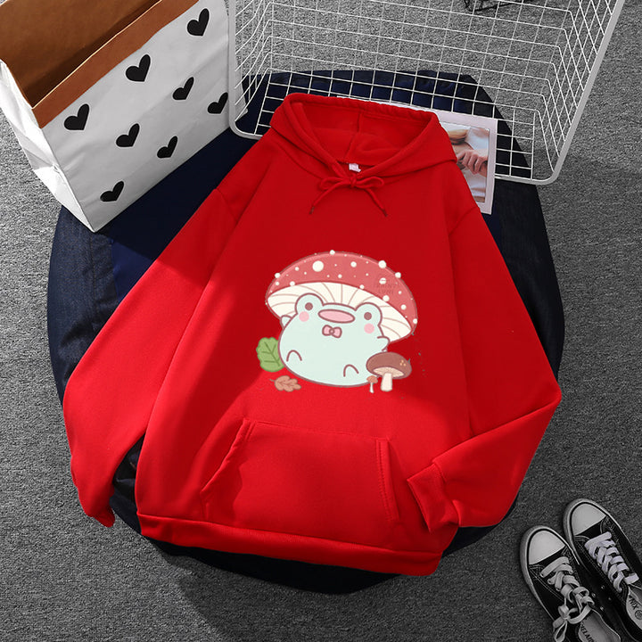 Damen weicher Oversize-Kapuzenpullover mit kawaii Pilzfrosch-Print, Kängurutasche und gerippten Bündchen – Auréline