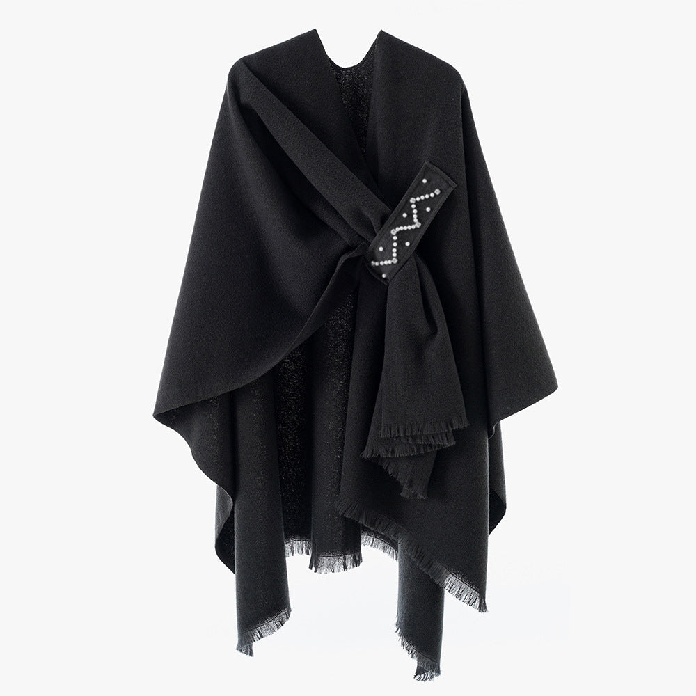 Damen Eleganter Wickel-Umhang aus Wollmischung mit Taillenschärpe und Fransensaum – Avérine
