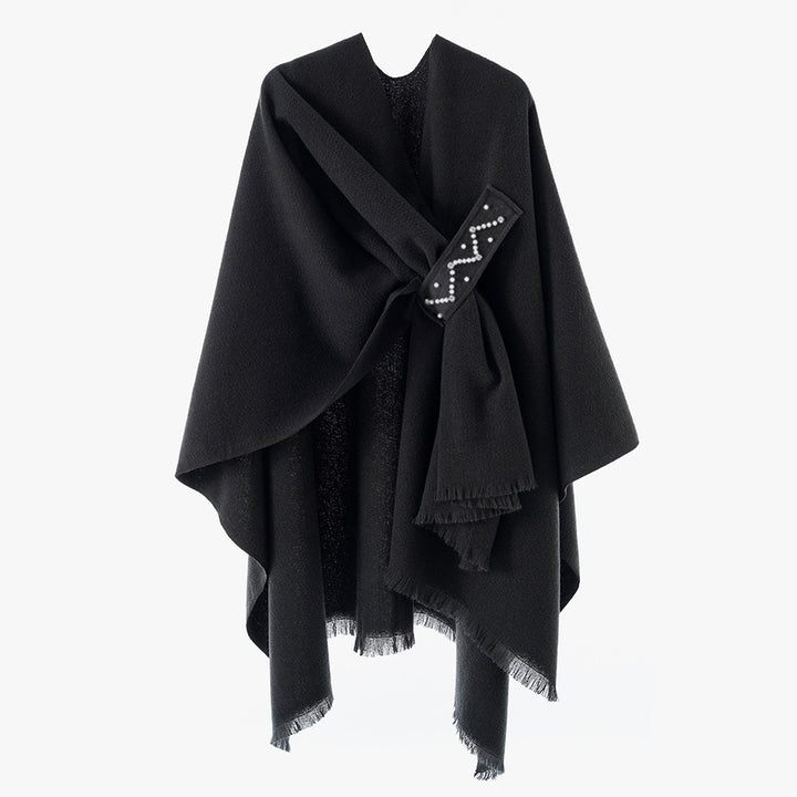 Damen Eleganter Wickel-Umhang aus Wollmischung mit Taillenschärpe und Fransensaum – Avérine