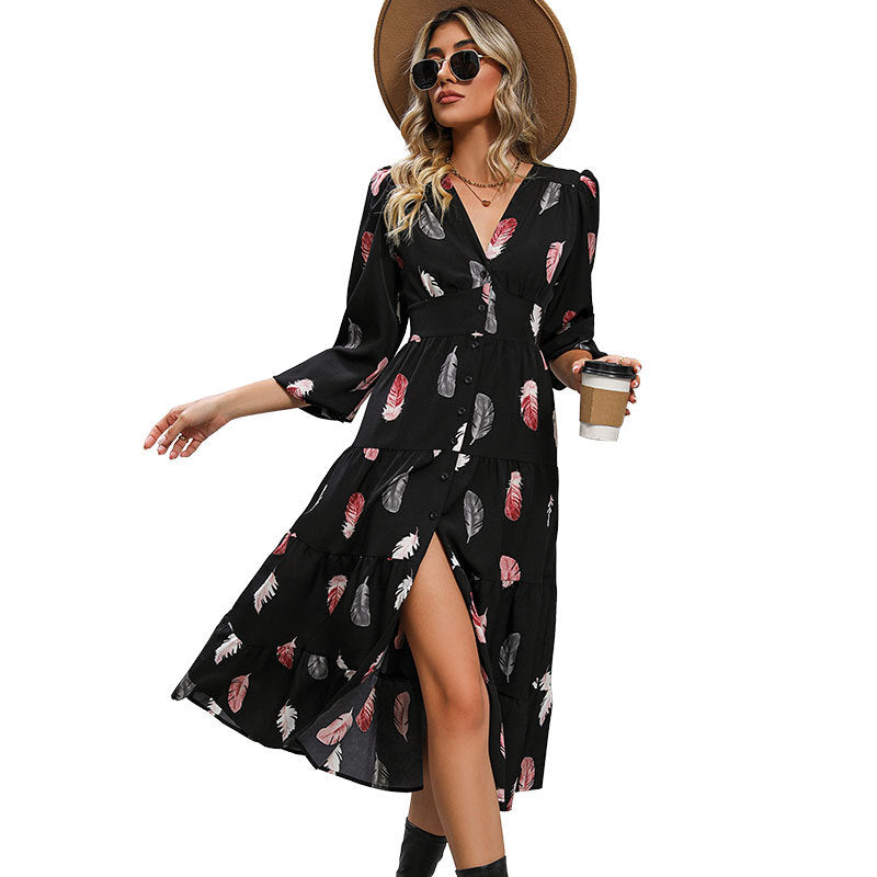 Damen Langarm Kleid mit Federprint Echo Archiv