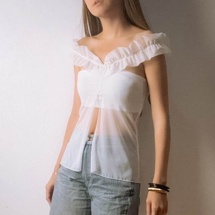 Damen Top mit transparentem Mesh-Einsatz und dekorativem Rüschendraht Echo Archiv