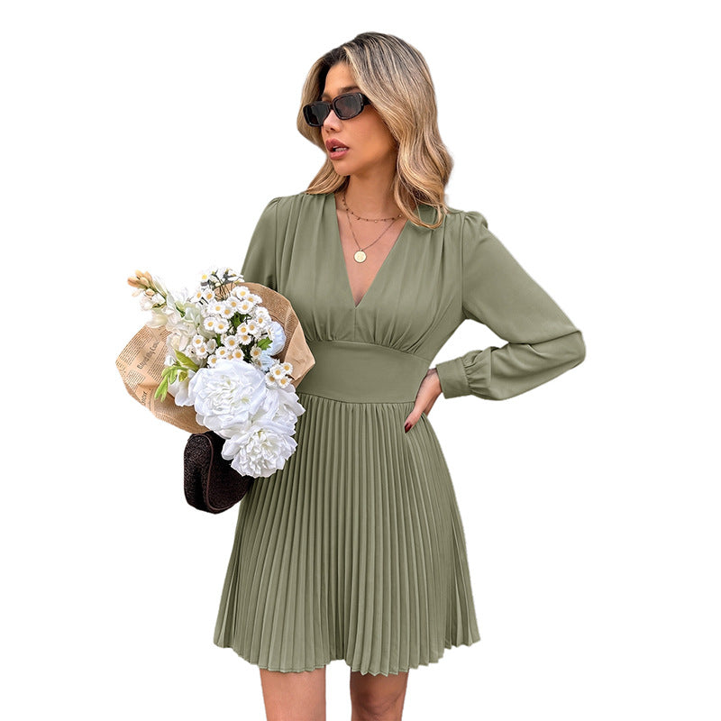 Damen Plissiertes V-Ausschnitt-Kleid mit Taillenband und Langärmeliger Silhouette – Élara