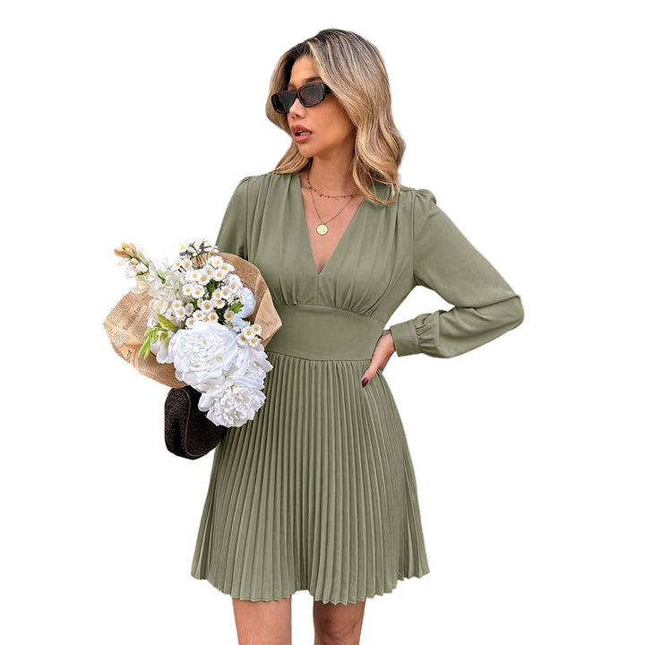 Damen Plissiertes V-Ausschnitt-Kleid mit Taillenband und Langärmeliger Silhouette – Élara