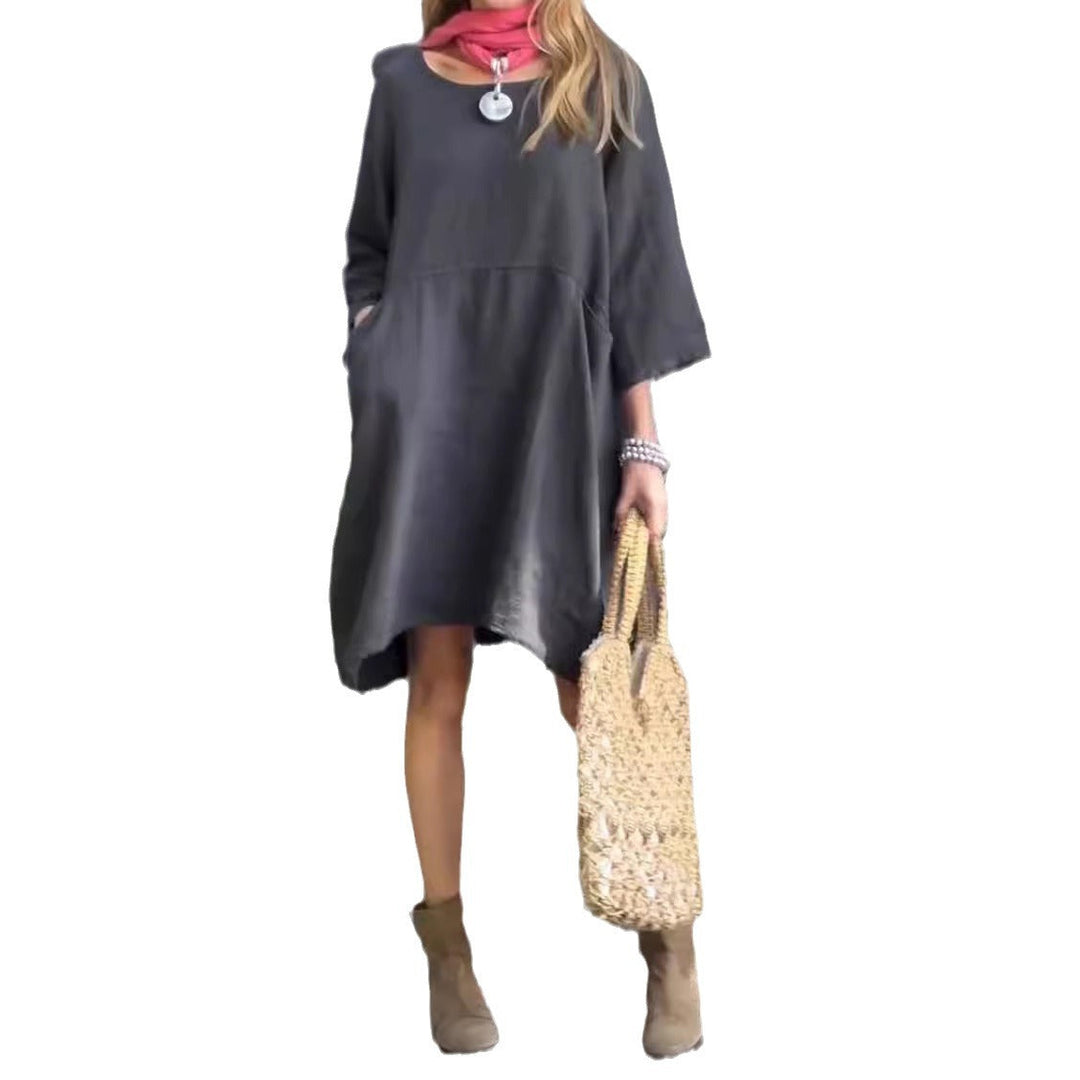 Damen lässiges Leinenkleid mit praktischen Taschen und asymmetrischem Saum Echoarchiv