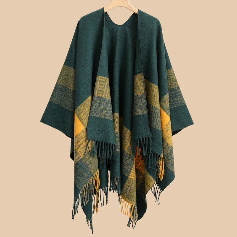 Damen Capeponcho aus Wollmix mit Ärmelschlitzen, offener Front und Fransenabschluss – Célinea