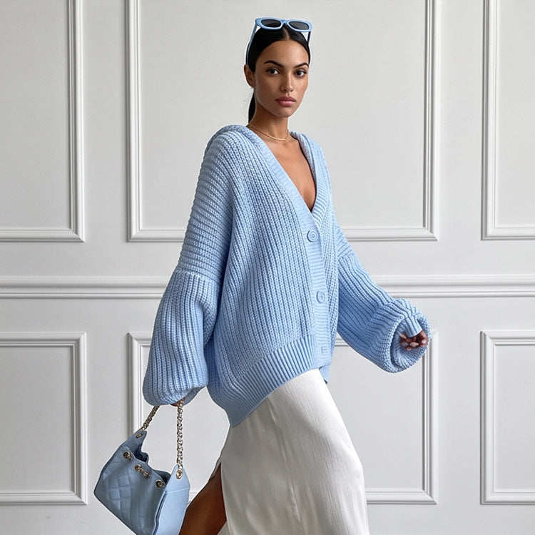 Damen Oversized Kapuzen-Strickcardigan mit Ballonärmeln und Knopfleiste Echoarchiv