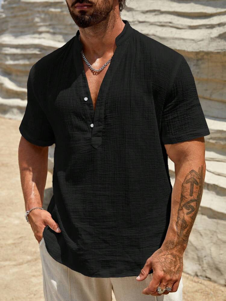 Herren Kurzarm Henley Hemd mit modernem Stehkragen aus leichtem Baumwollmaterial Echoarchiv