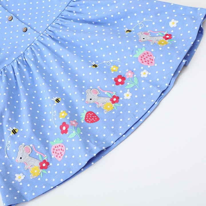 Mädchen Freizeitkleid mit niedlichen Mäuse- und Blumenstickereien Echo Archiv