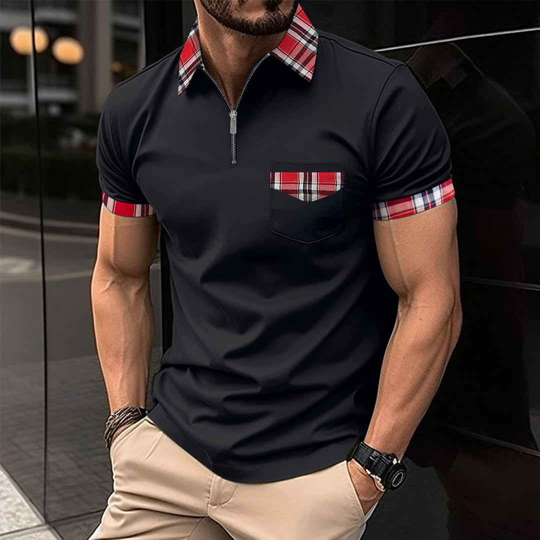 Herren Modernes Halb-Zip Polohemd mit kariertem Detail Echoarchiv