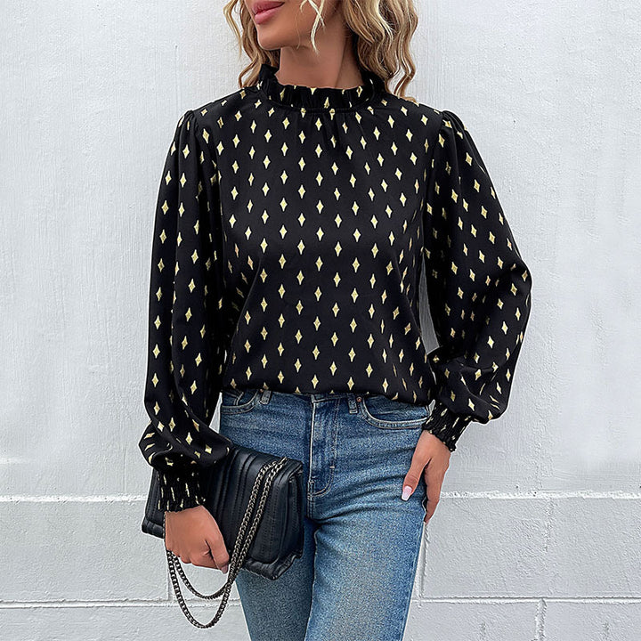 Damen Elegante Rüschen-Stehkragen-Bluse mit Puffärmeln und Smokbündchen Echoarchiv