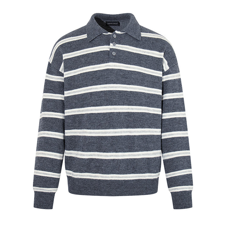 Herren Strick-Poloshirt mit Streifenmuster, Polokragen und Knopfleiste Echoarchiv
