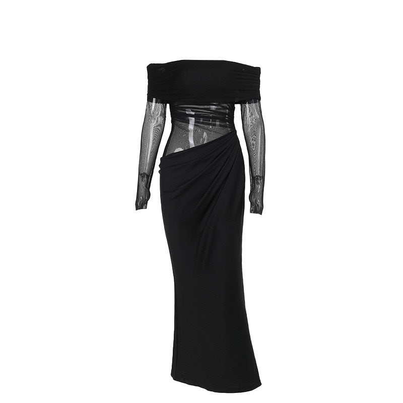 Damen Off-Shoulder Abendkleid mit drapiertem Stoff und transparenten Ärmeln Echo Archiv