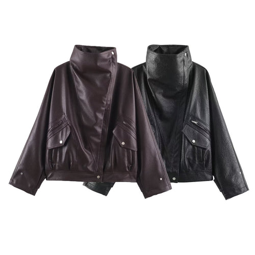 Damen Oversized Kunstleder-Capejacke mit hohem Stehkragen und Pattentaschen Echoarchiv
