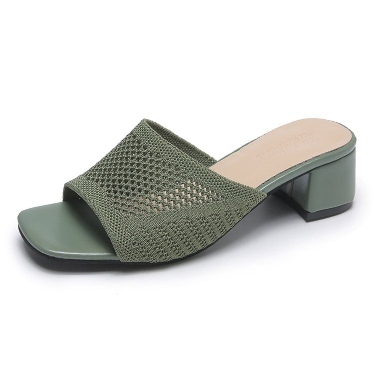 Damen nan gestrickte Sommermule mit niedrigem Blockabsatz und quadratischer Zehenform Echo Archiv