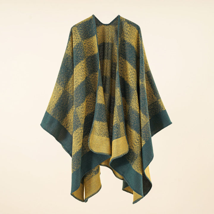 Damen Vielseitiger Wollmix-Überwurf im kastigen Kimono-Fall mit großflächigem Karojacquard – Montévia