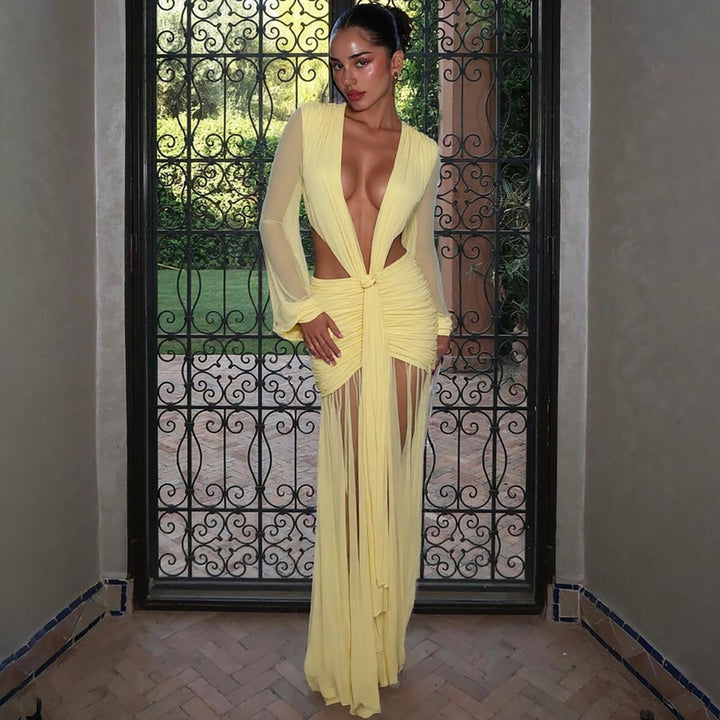 Damen Maxikleid mit raffinierten Drapierungen und tiefem V-Ausschnitt Echo Archiv