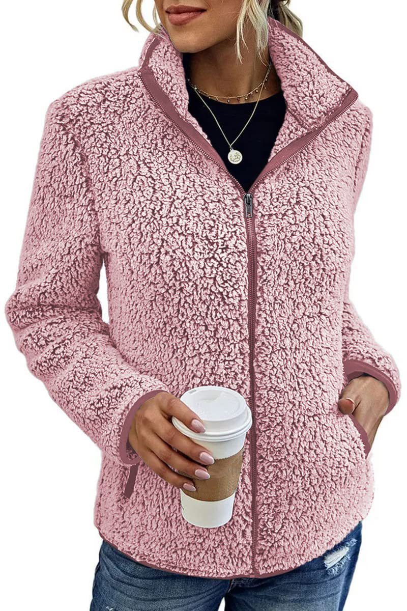 Damen Flauschige Fleecejacke mit hohen Kragen und seitlichen Taschen Echoarchiv