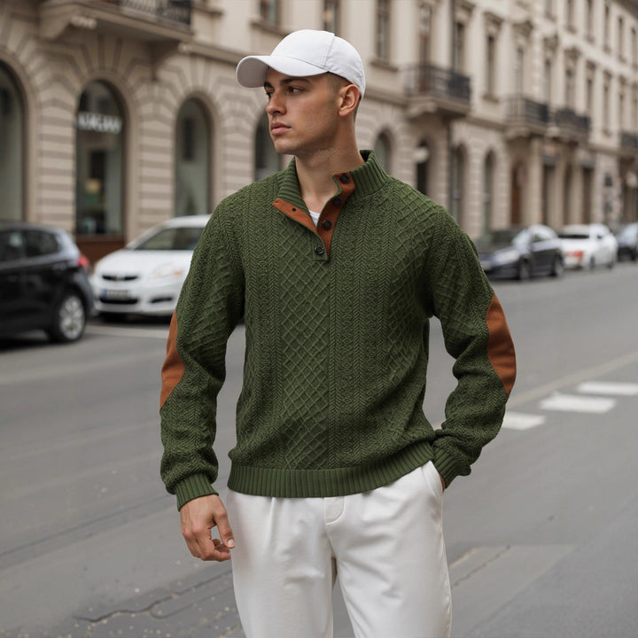 Herren Troyer-Pullover mit Stehkragen, strukturierter Strickoptik und Kontrast-Ellbogenpatches Echoarchiv