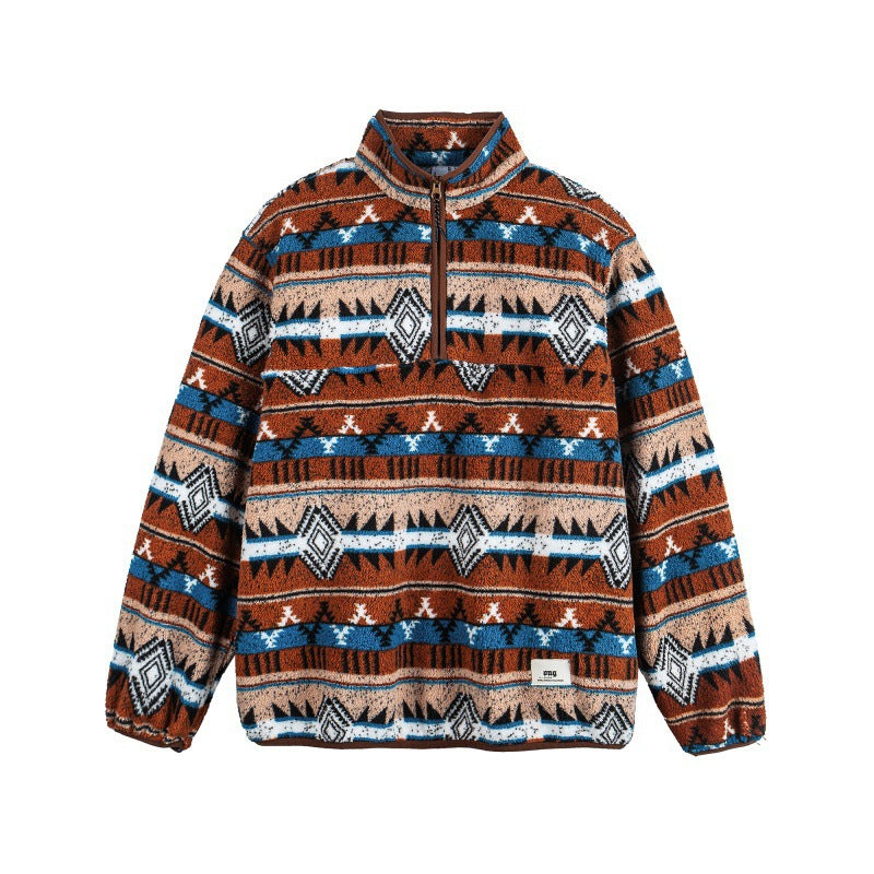 Unisex Fleecepullover Halbzip mit Aztekenmuster und hohem Stehkragen Echo Archiv