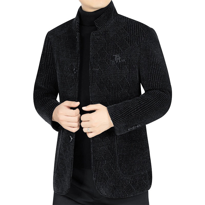 Herren Moderner Stehkragen-Blazer im Bouclé-Look mit feiner geometrischer Struktur – Tianoro