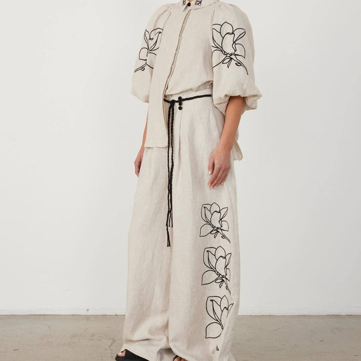 Damen Weit geschnittene Leinenhose mit floralen Stickereien Echo Archiv