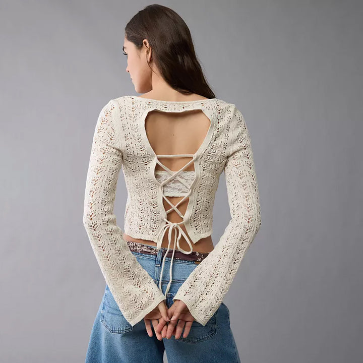 Damen Feinstrick-Cropped-Top mit Ajourmuster und Rundhalsausschnitt Echoarchiv