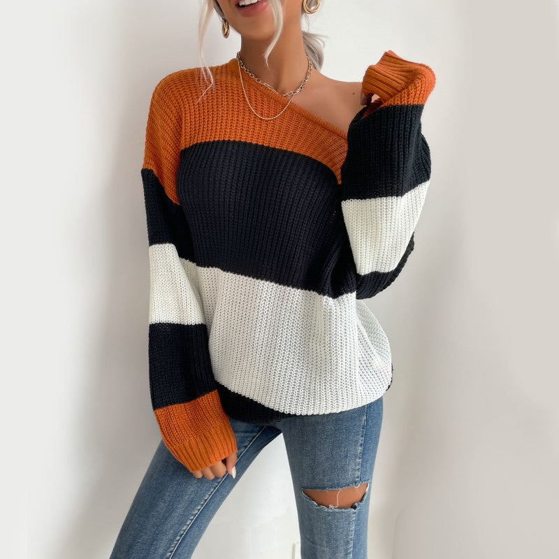 Damen Lässiger Gestreifter Pullover mit Off-Shoulder Design Echo Archiv