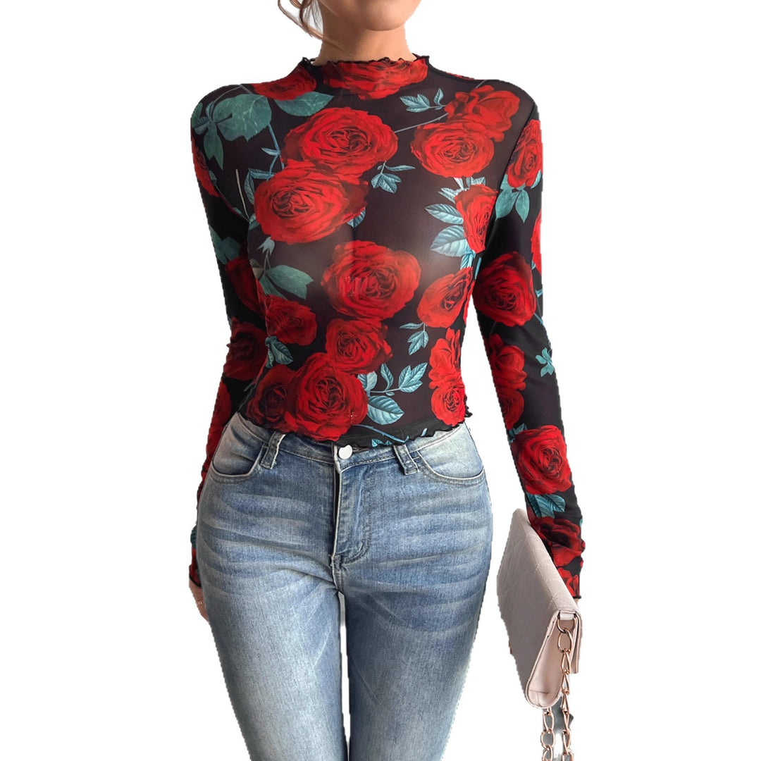 Damen nan figurbetontes Netz-Langarmshirt mit Rosenmotiv, Stehkragen und Wellensaum Echo Archiv
