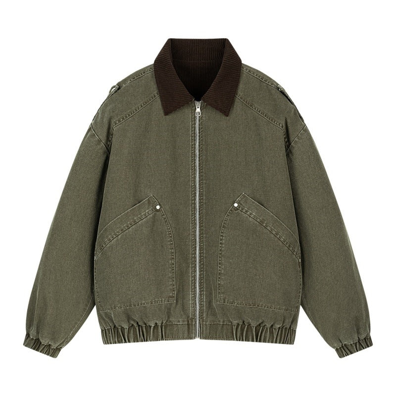 Herren Oversize Denim‑Bomberjacke mit Rippenkragen, elastischem Saum & schrägen Pattentaschen Echoarchiv