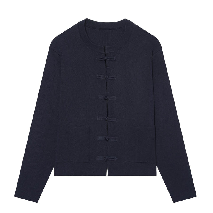 Damen Kurzer Strukturstrick-Cardigan mit Knoten-Froschverschlüssen und aufgesetzten Taschen Echo Archiv