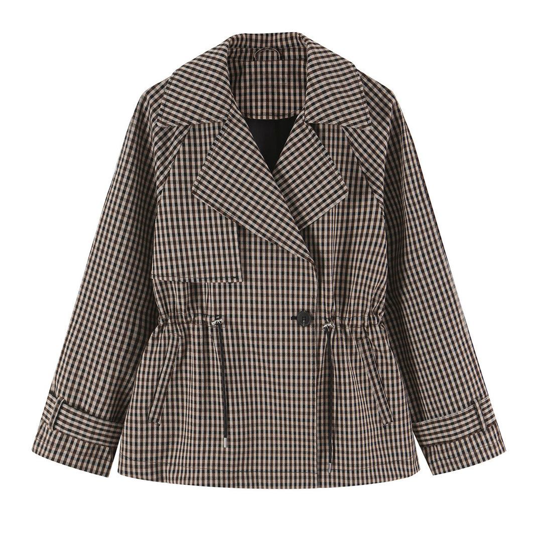 Damen Kurze Karo-Trenchjacke mit Tunnelzug-Taille und weitem Revers Echoarchiv