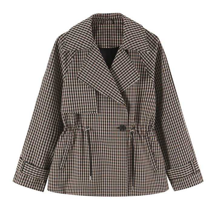 Damen Kurze Karo-Trenchjacke mit Tunnelzug-Taille und weitem Revers Echoarchiv