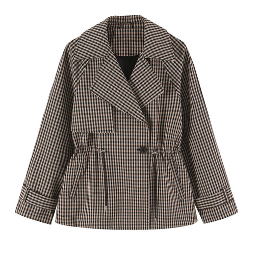 Damen Kurze Karo-Trenchjacke mit Tunnelzug-Taille und weitem Revers Echoarchiv