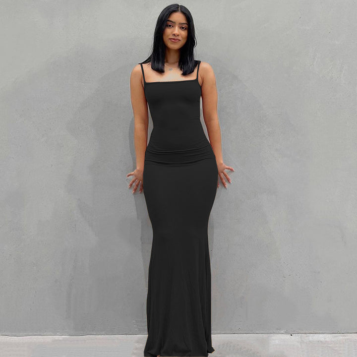 Damen Körperbetontes Maxi‑Jerseykleid mit taillierter Drapierung, langen Ärmeln und ausgestelltem Saum – Valéora