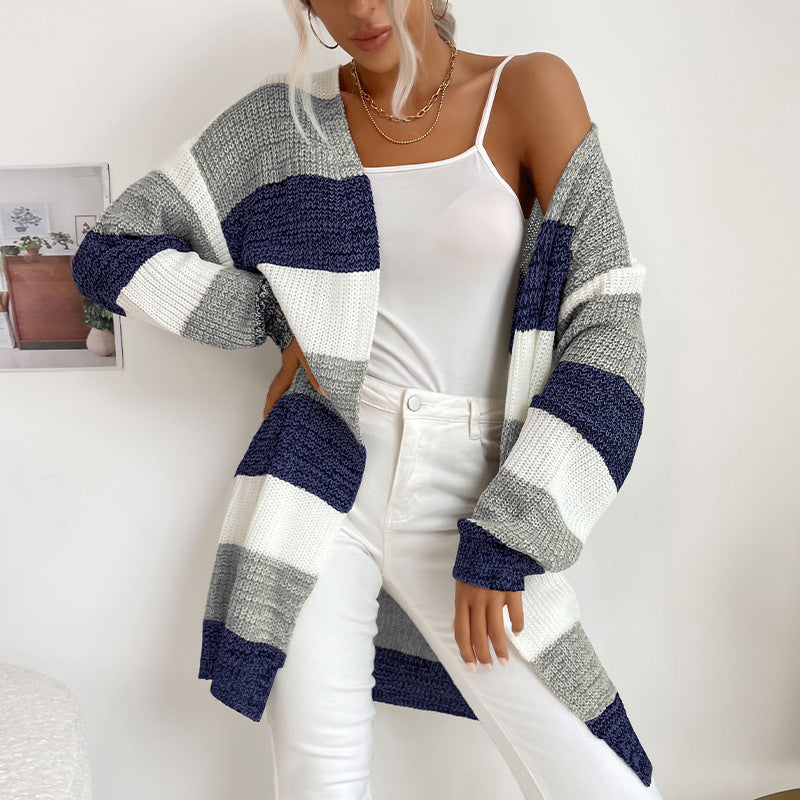 Damen Langer Oversize-Strickcardigan mit Blockstreifen und offener Front – Veloura