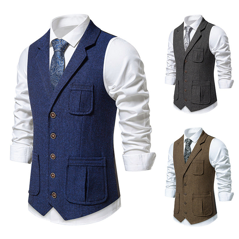Herren Tweed‑Weste mit Fischgrätmuster, Reverskragen und aufgesetzten Taschen Echo Archiv