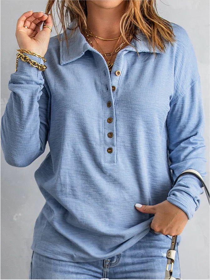 Damen Langarm-Waffelshirt mit Hemdkragen und Knopfleiste Echoarchiv