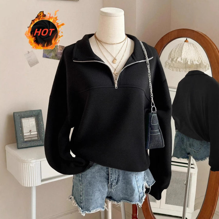 Damen nan Oversize Sweatshirt mit halbem Reißverschluss, Stehkragen und Ballonärmeln Echo Archiv