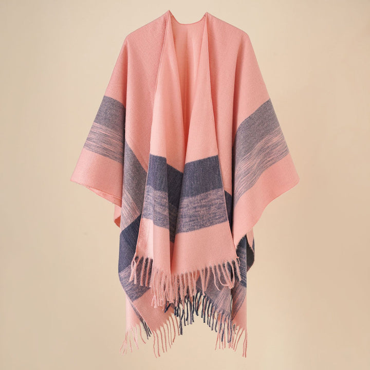 Damen Kuscheliger Oversize Poncho mit Fransen und Blockstreifen – Avérine