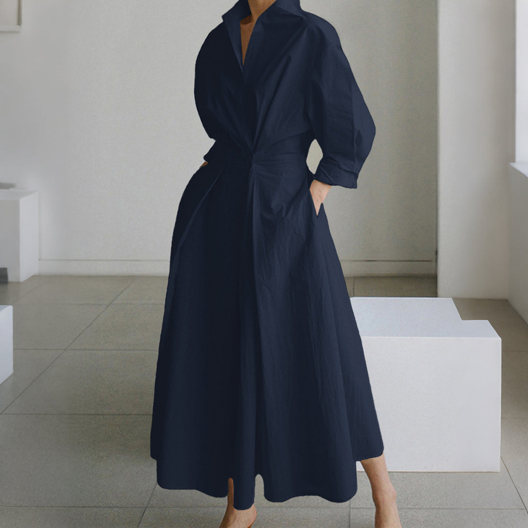 Damen tailliertes Hemdblusenkleid mit kastigem Kragen, mittellangen Ärmeln, Seitentaschen und ausgestelltem Tellerrock – Lunéa